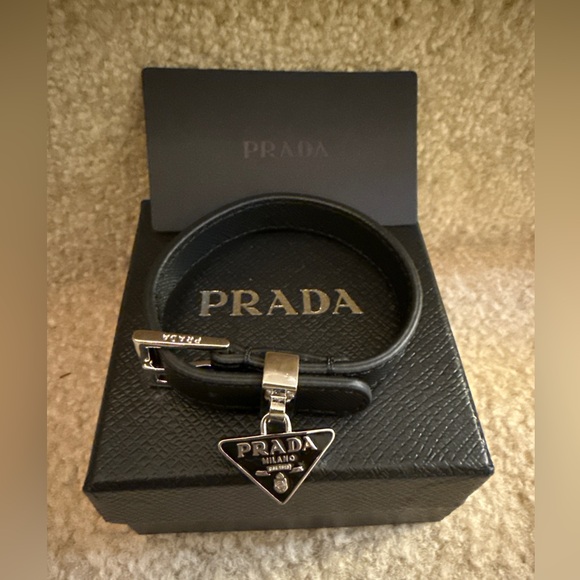 Prada Saffiano Black Leather Bracelet with Silver Charm - Picture 1 of 5
